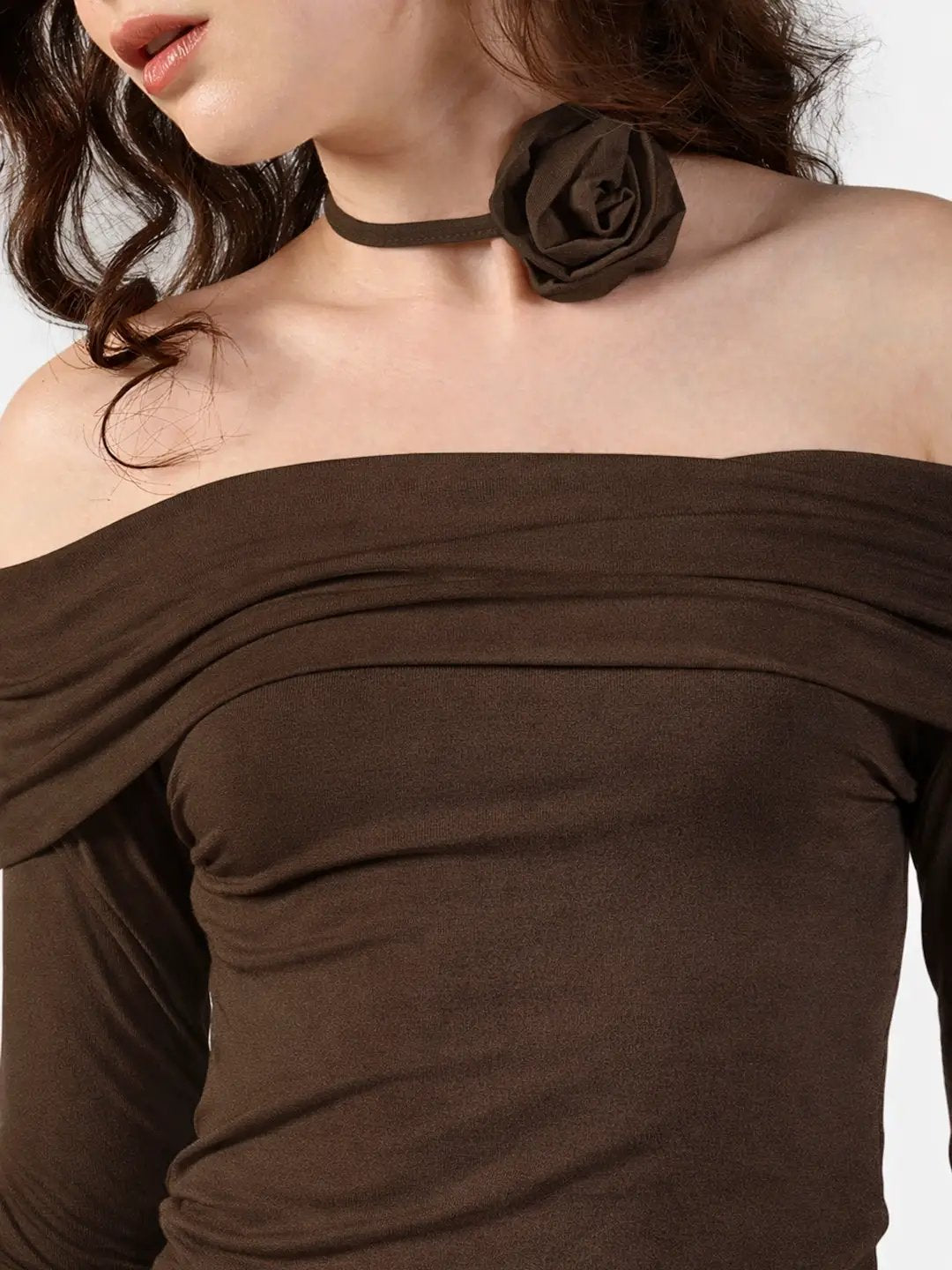 Women's Brown Off Shoulder Top with Rose Choker Detail