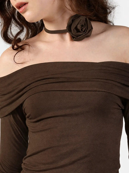 Women's Brown Off Shoulder Top with Rose Choker Detail