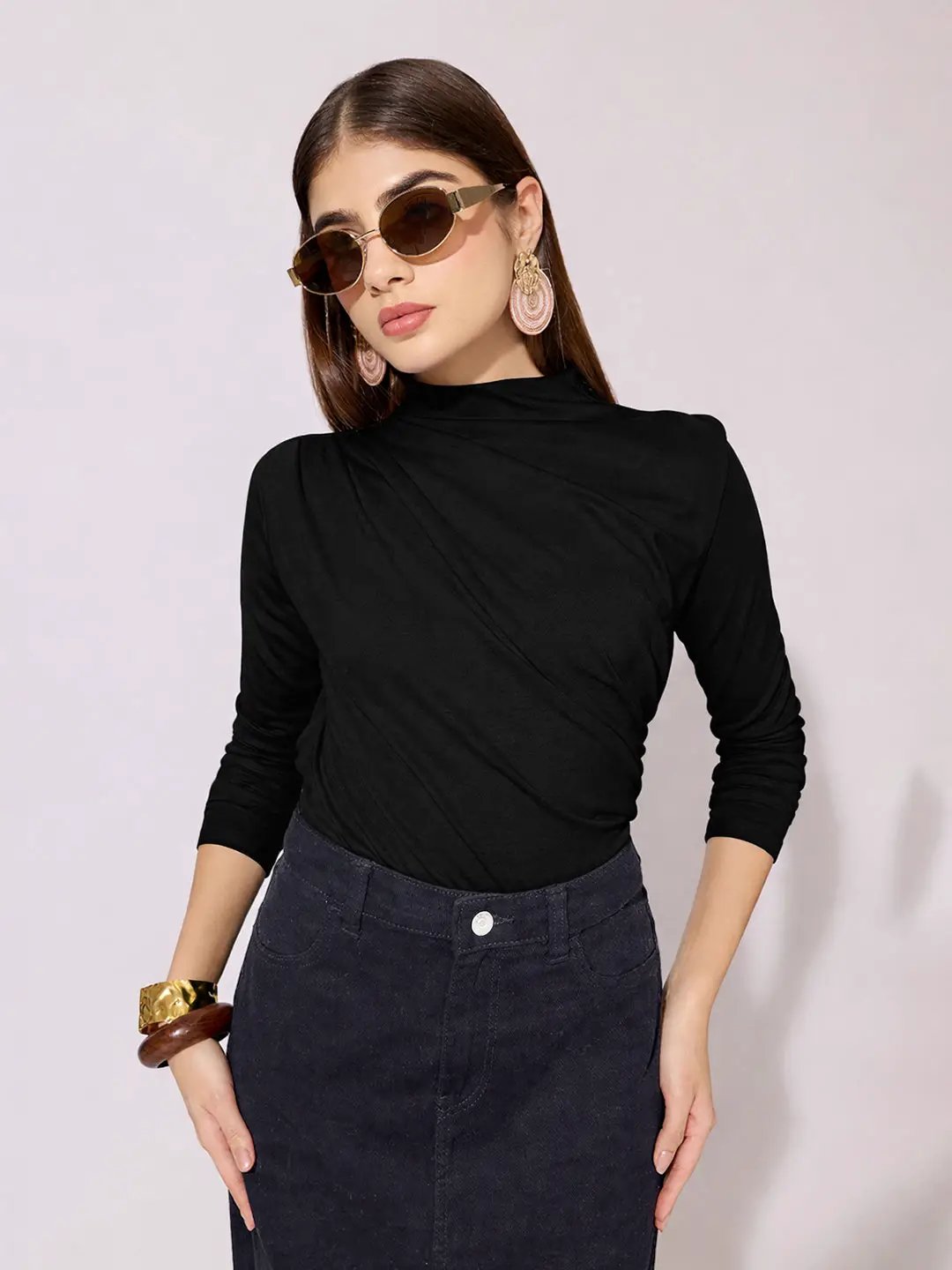 Women's Black High-Neck Ruched Fitted Top