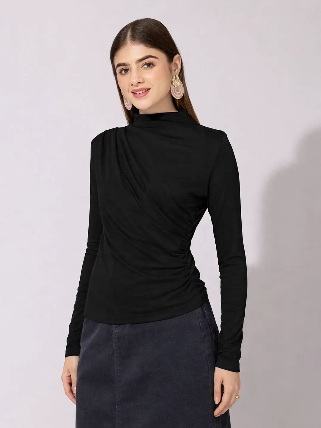 Women's Black High-Neck Ruched Fitted Top