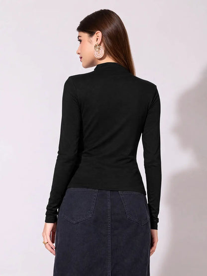 Women's Black High-Neck Ruched Fitted Top
