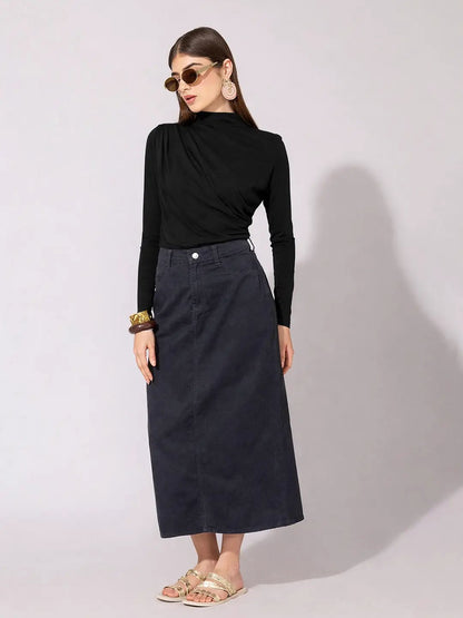 Women's Black High-Neck Ruched Fitted Top