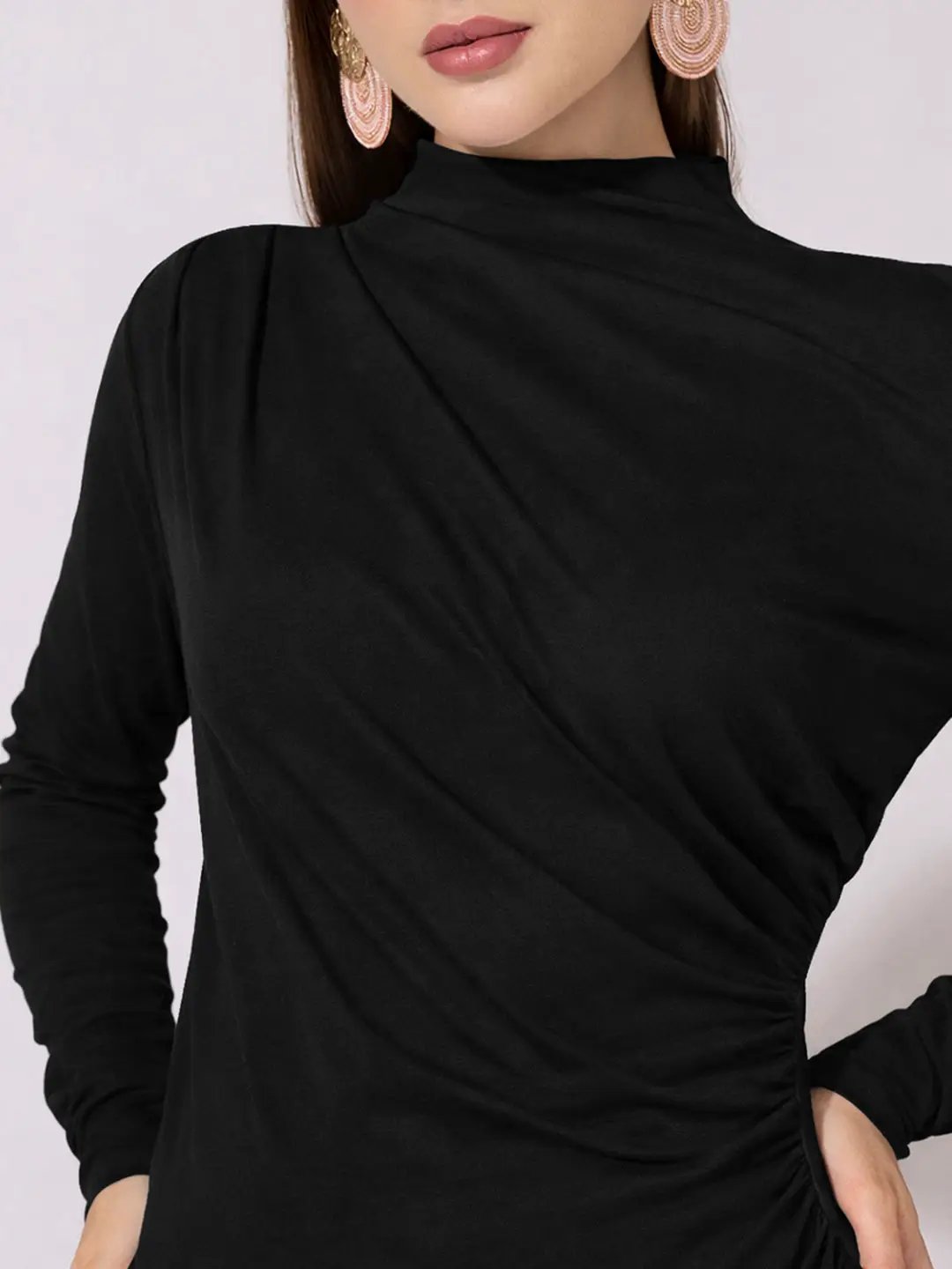 Women's Black High-Neck Ruched Fitted Top