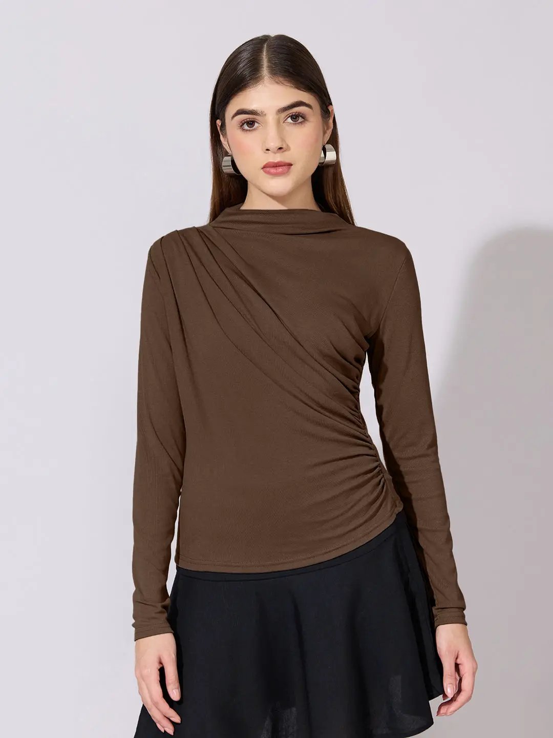 Women's Brown High-Neck Ruched Fitted Top