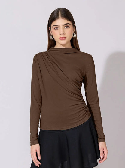 Women's Brown High-Neck Ruched Fitted Top