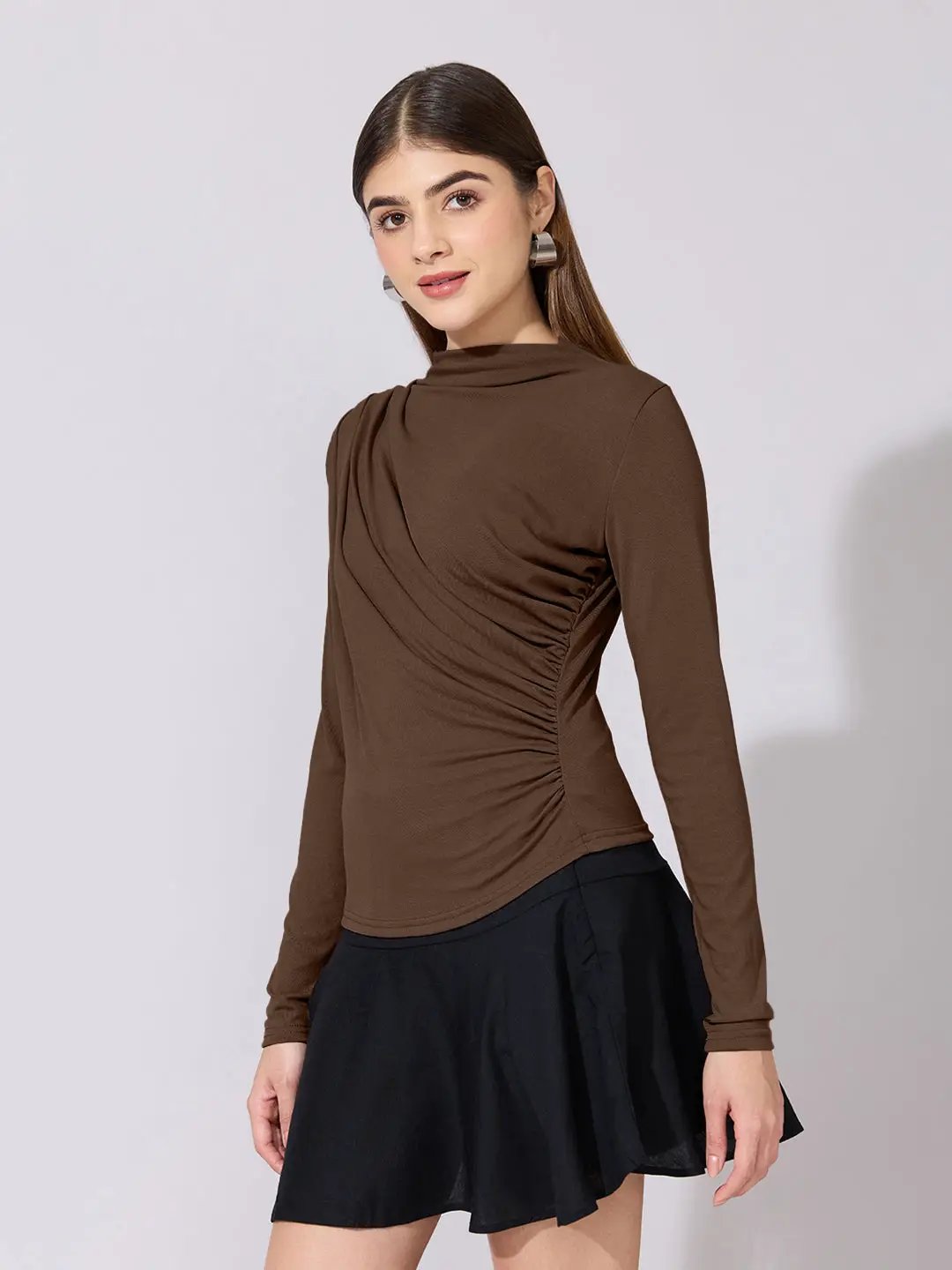 Women's Brown High-Neck Ruched Fitted Top