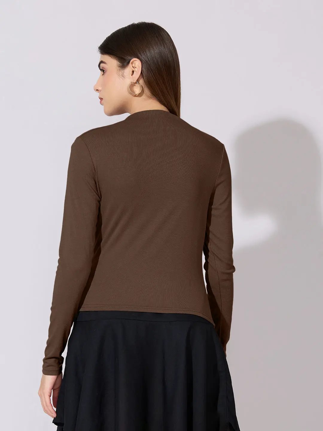 Women's Brown High-Neck Ruched Fitted Top