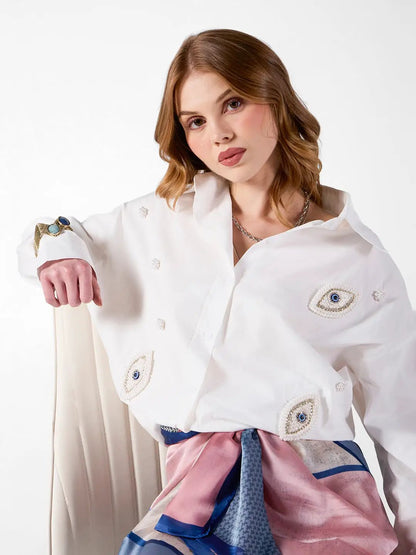 Women's Pearl Evil Eye Embellished White Shirt