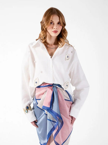 Women's Pearl Evil Eye Embellished White Shirt
