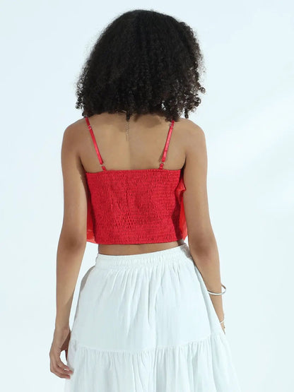 Women's Red Organza Rose Crop Top