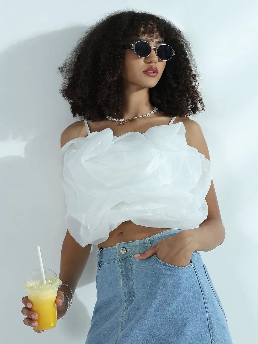 Women's White Organza Rose Crop Top