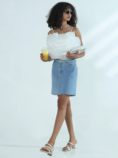 Women's White Organza Rose Crop Top