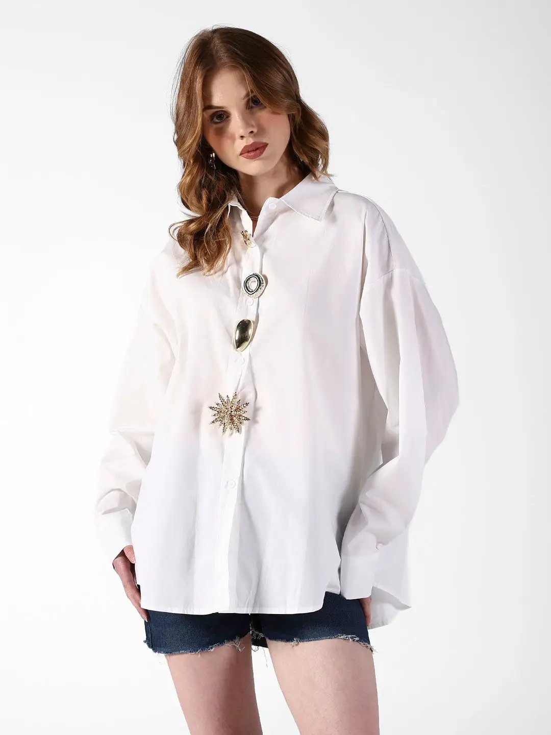 Women's White Shirt with Embellished Button