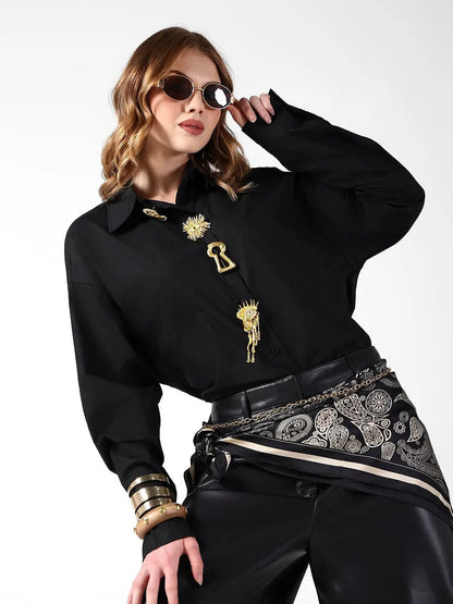 Women's Black Shirt with Embellished Button Detail
