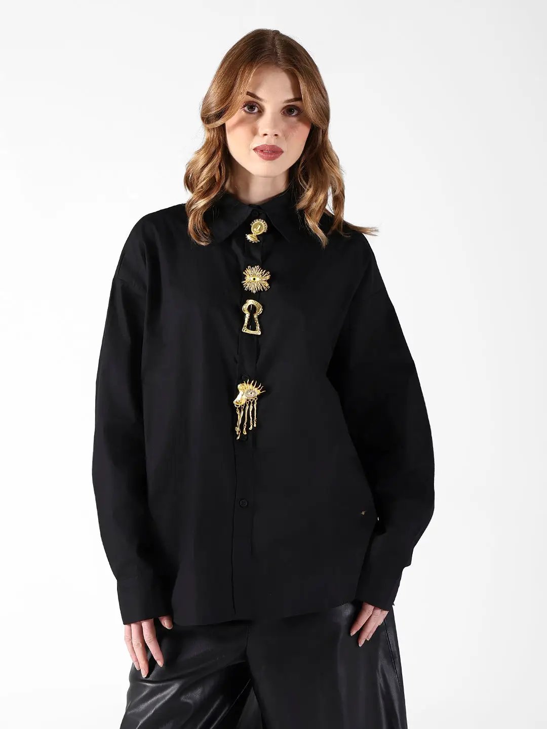 Women's Black Shirt with Embellished Button Detail