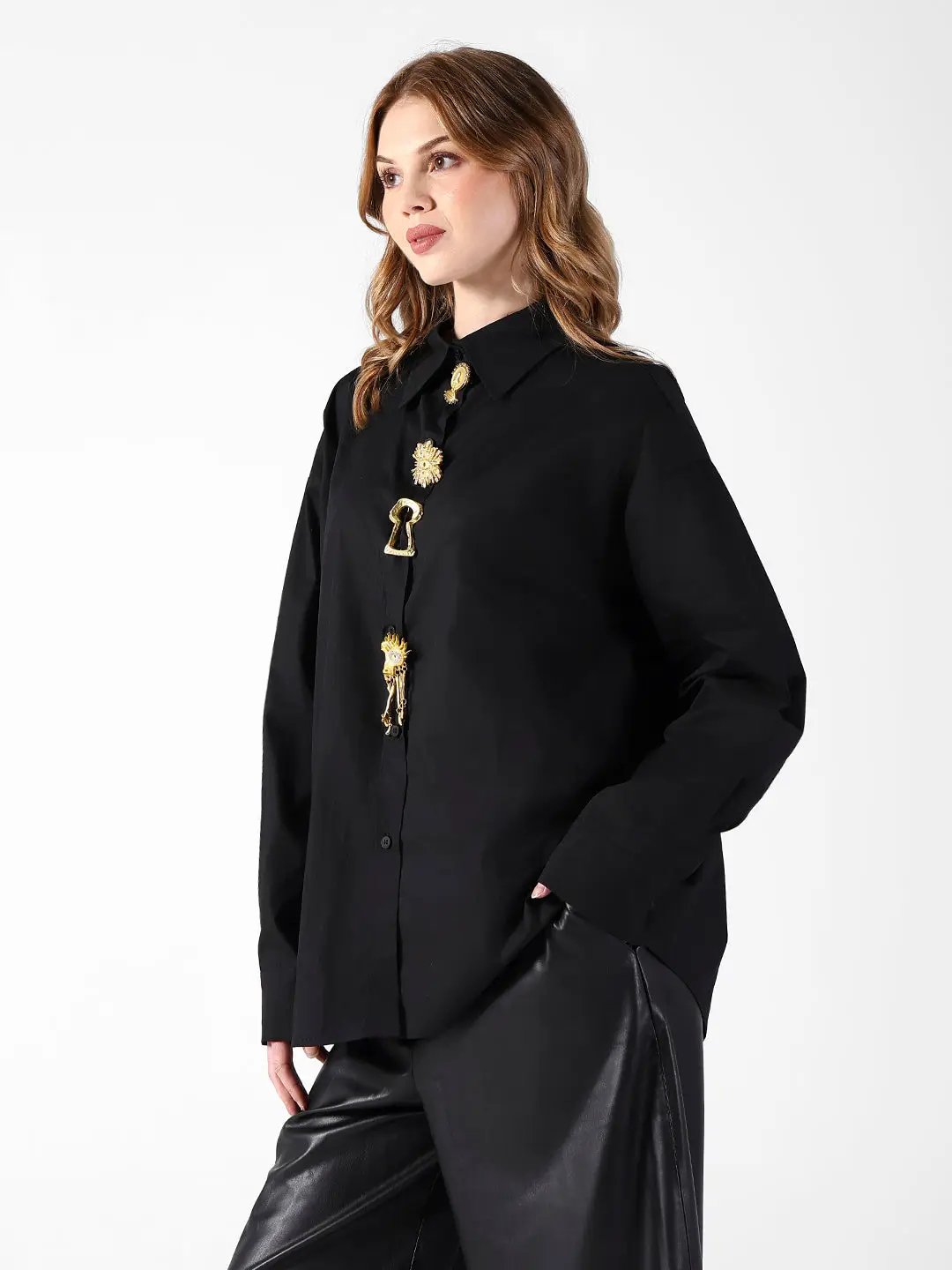 Women's Black Shirt with Embellished Button Detail