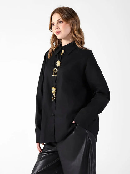 Women's Black Shirt with Embellished Button Detail