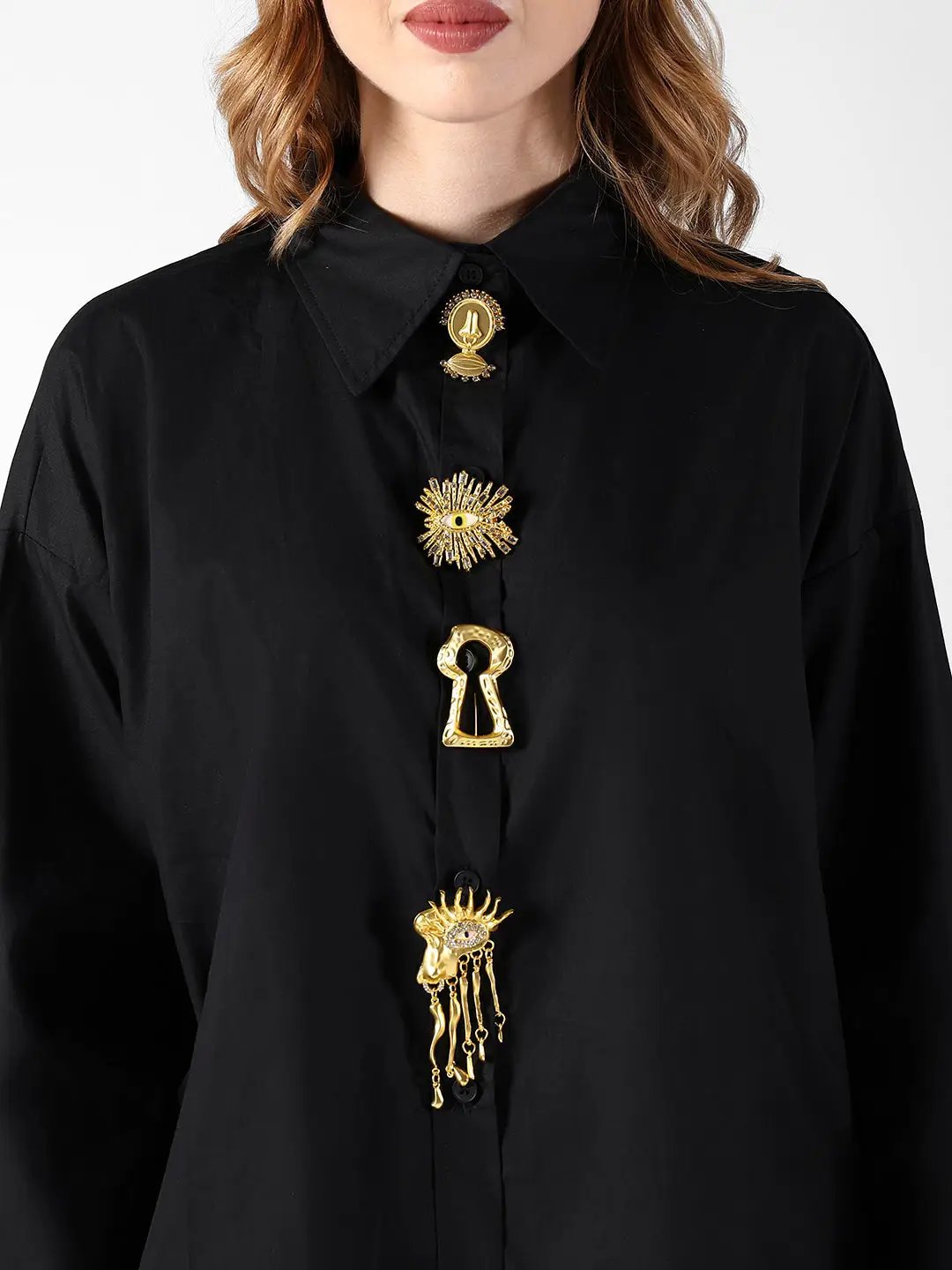 Women's Black Shirt with Embellished Button Detail