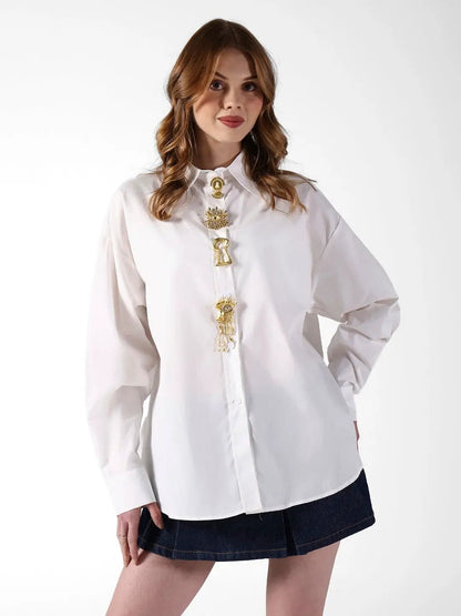 Women's White Shirt with Embellished Button Detail