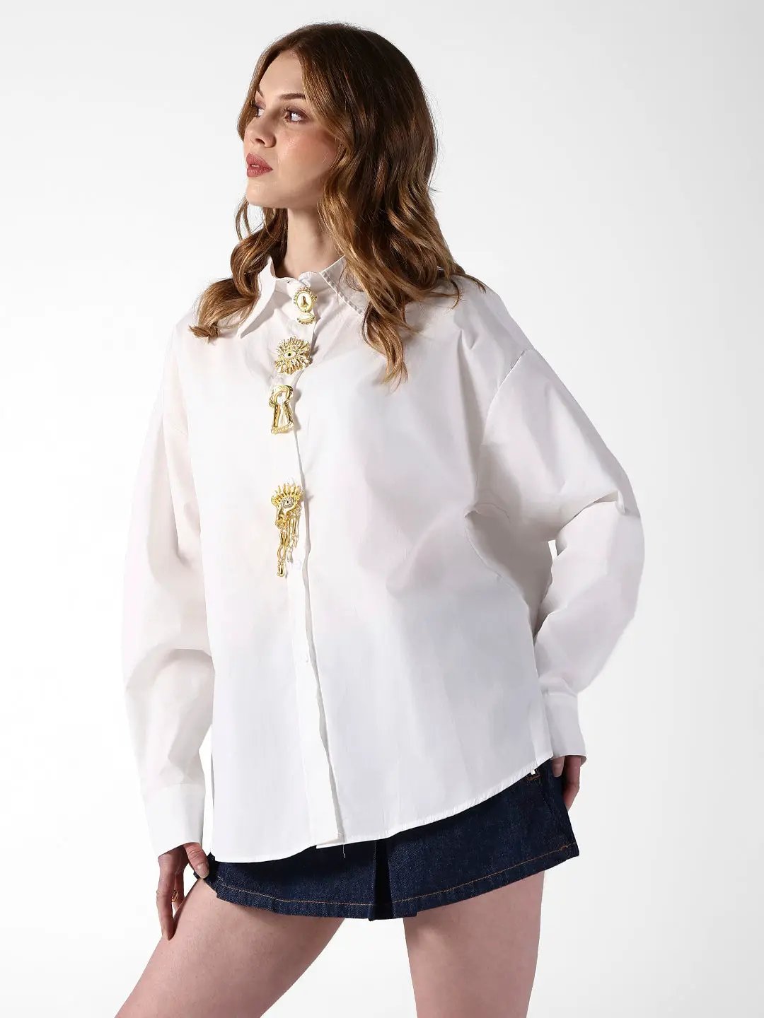 Women's White Shirt with Embellished Button Detail
