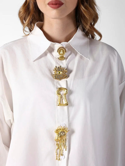 Women's White Shirt with Embellished Button Detail