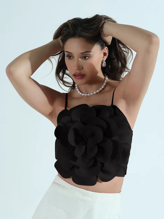 Women's Black 3D Flower Crop Top