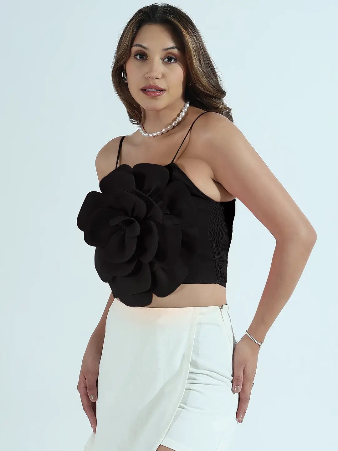 Women's Black 3D Flower Crop Top