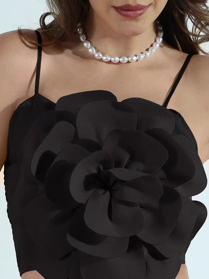 Women's Black 3D Flower Crop Top