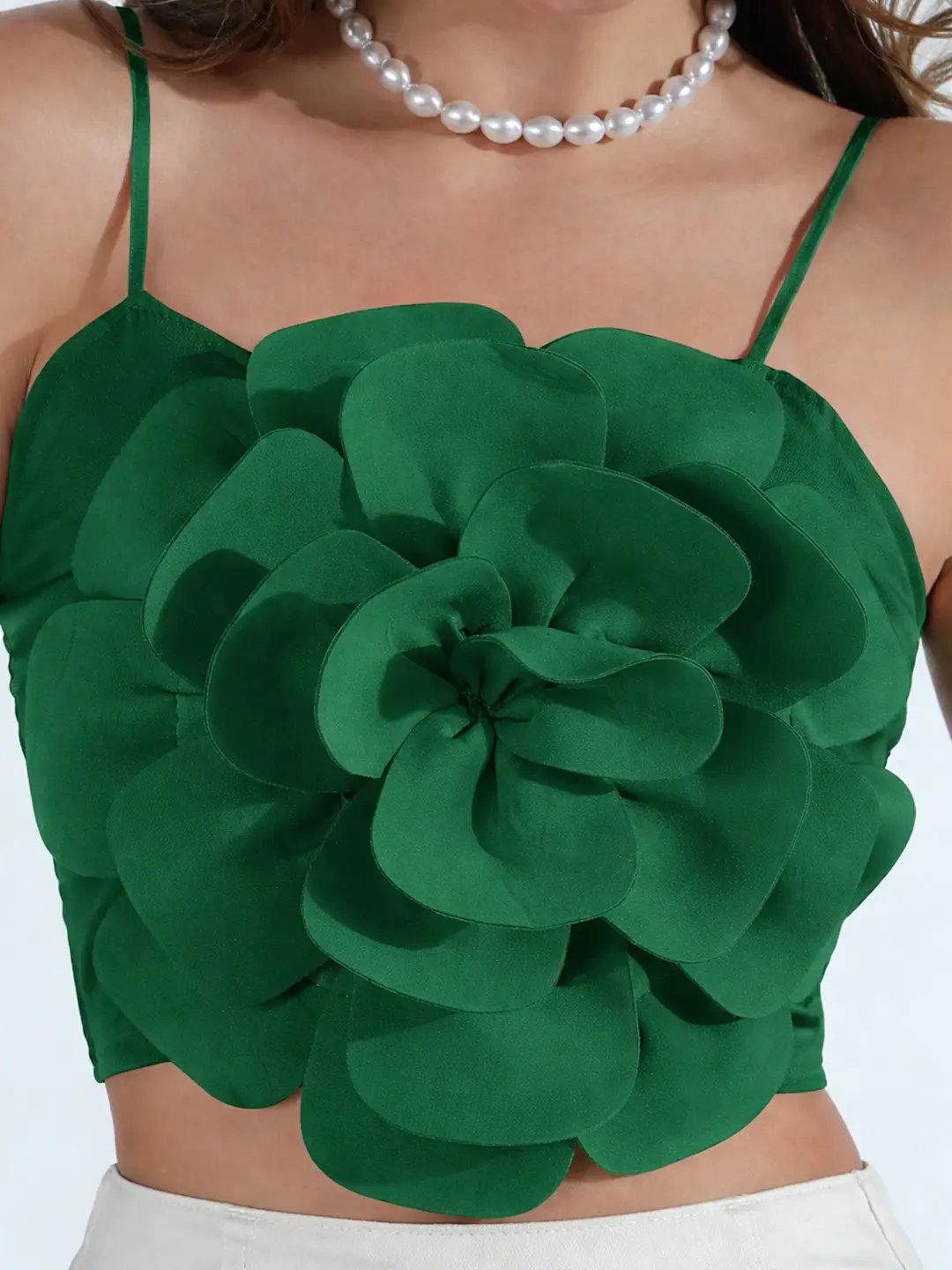 Women's Green 3D Flower Crop Top
