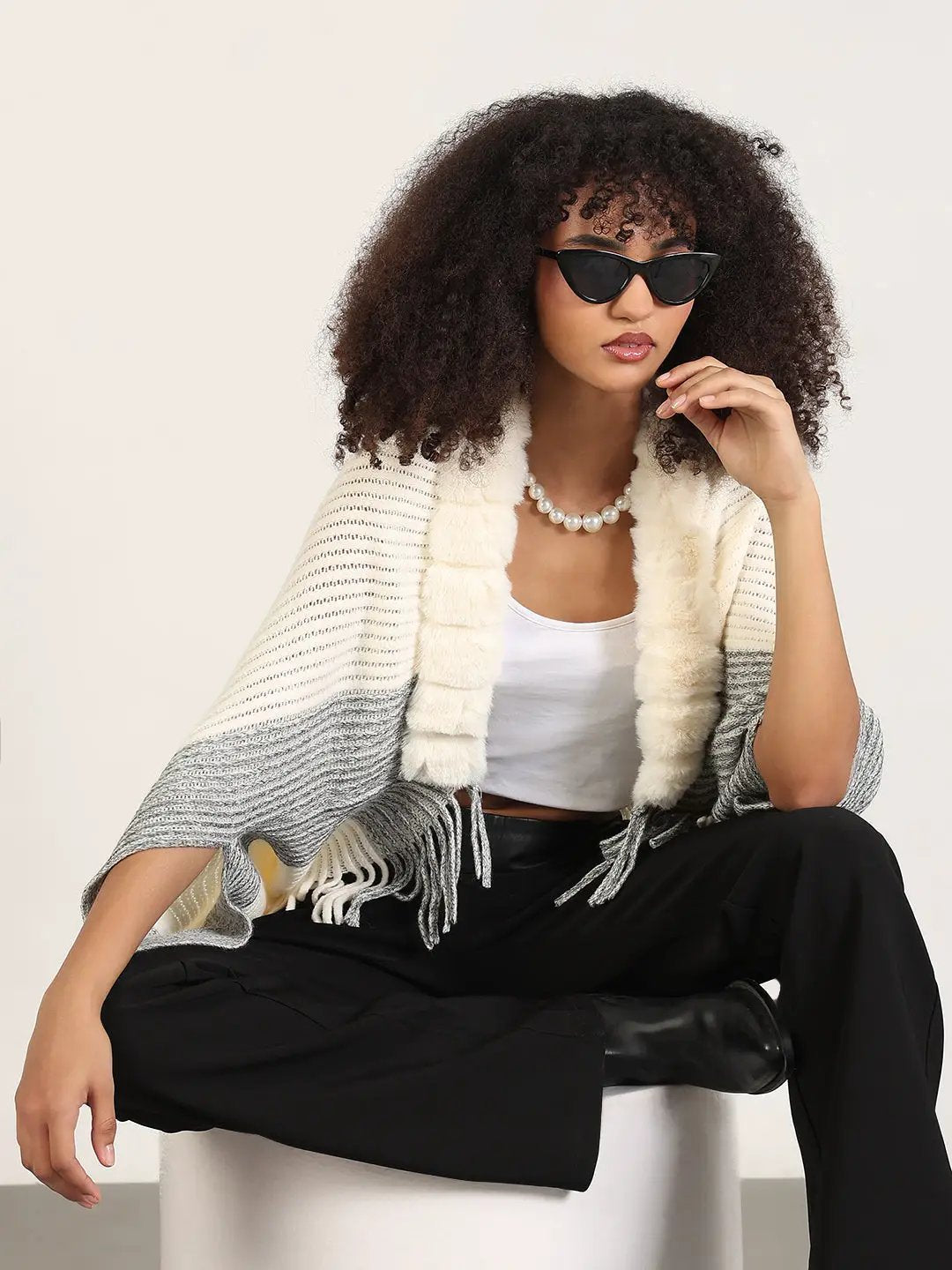 Women's Solid Cream Fringed Edge Poncho