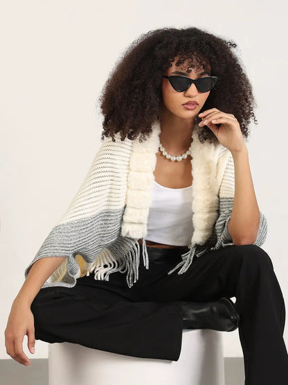 Women's Solid Cream Fringed Edge Poncho