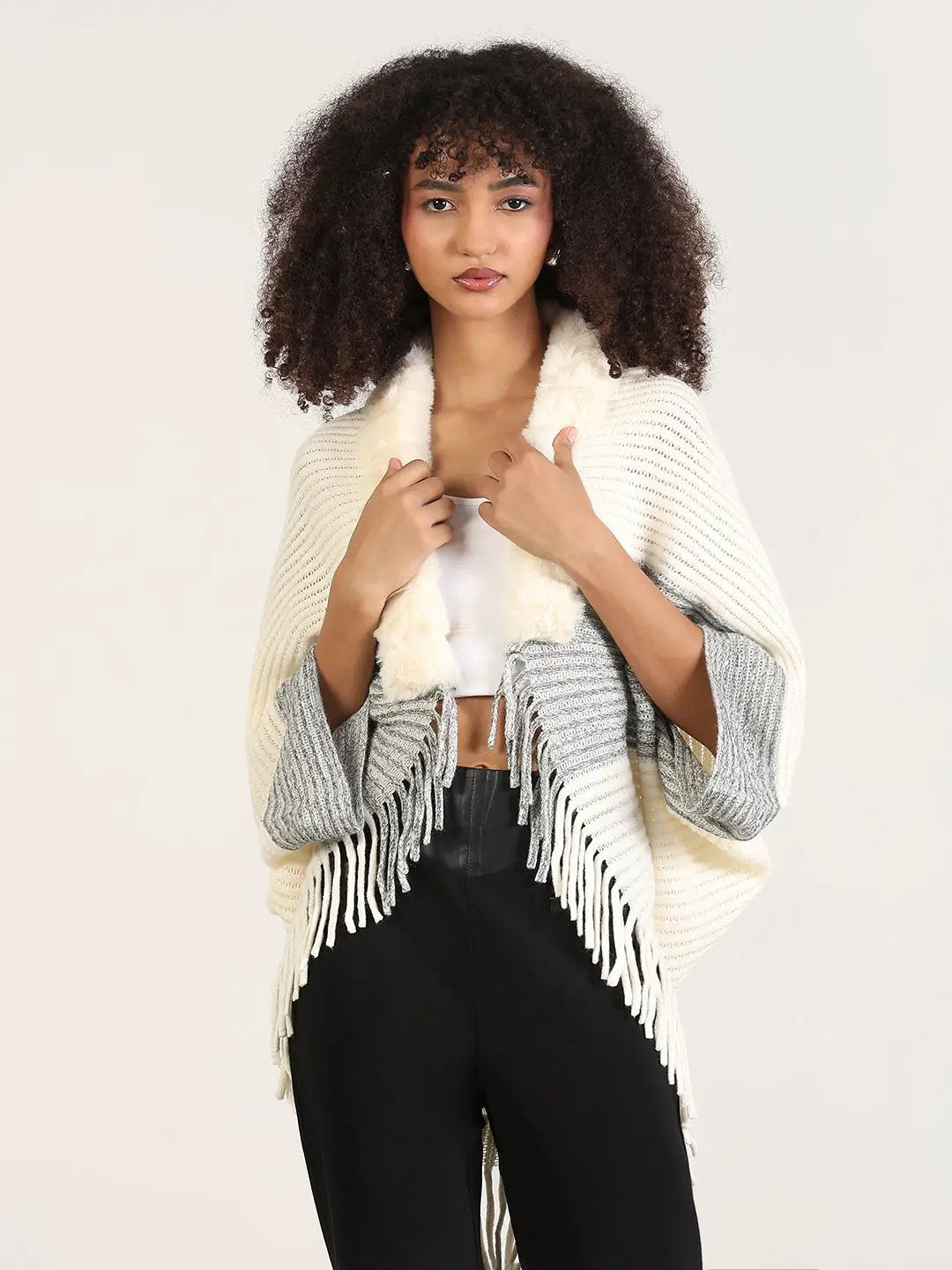 Women's Solid Cream Fringed Edge Poncho
