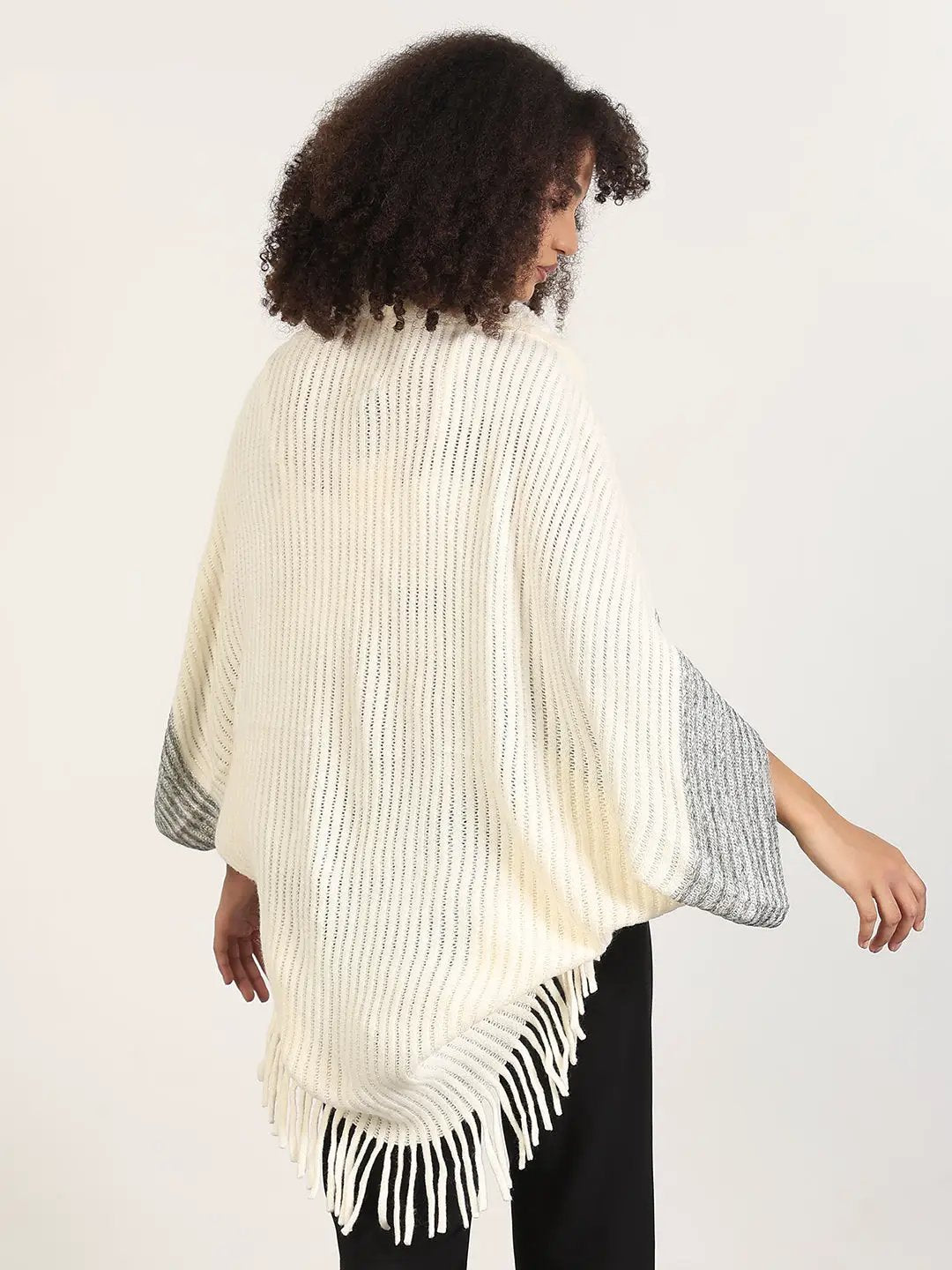 Women's Solid Cream Fringed Edge Poncho