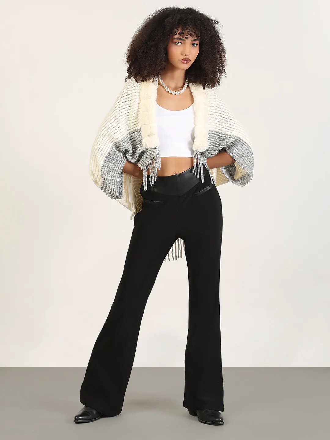 Women's Solid Cream Fringed Edge Poncho
