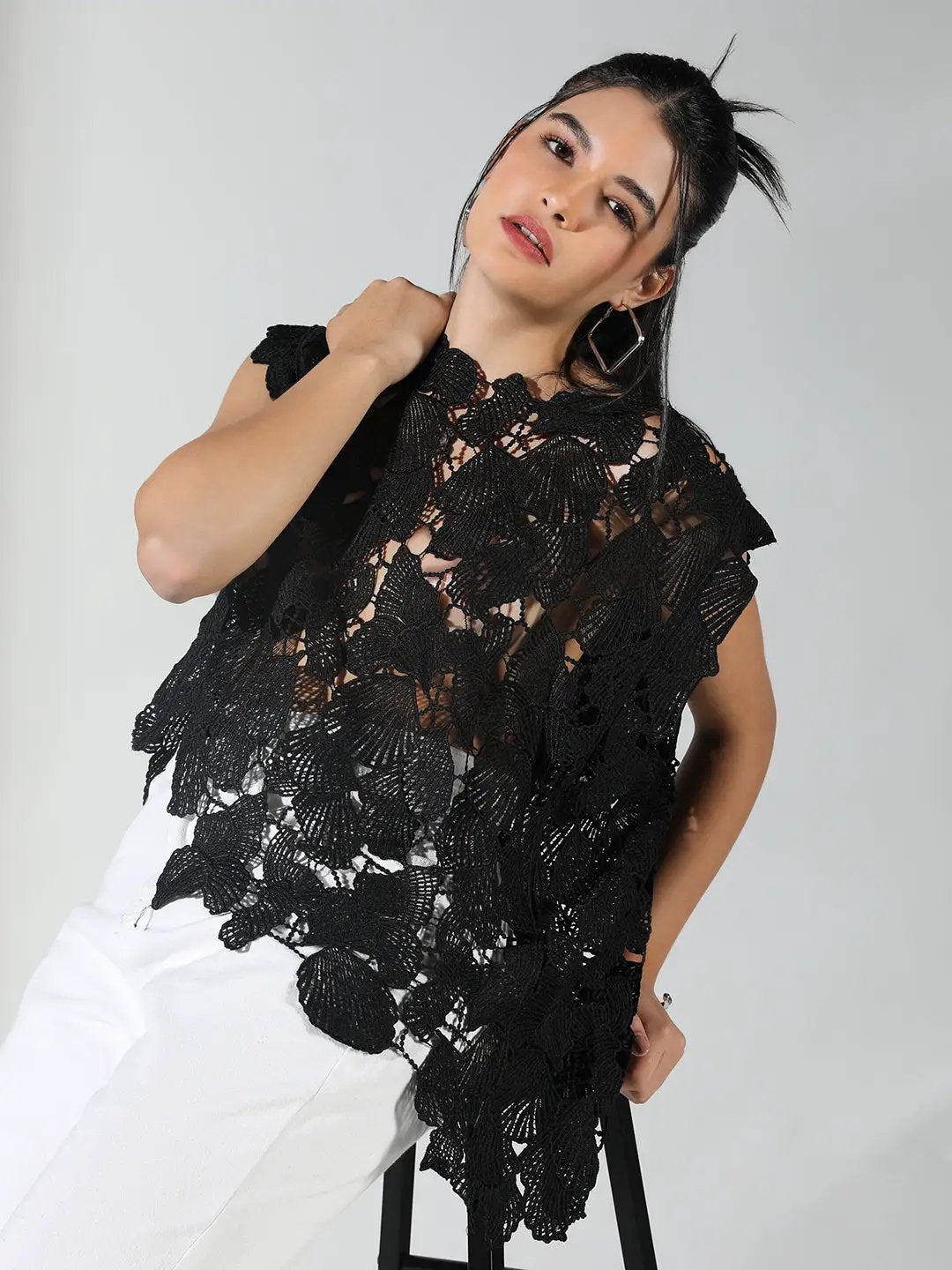 Women's Crochet Black Asymmetric Hem Top