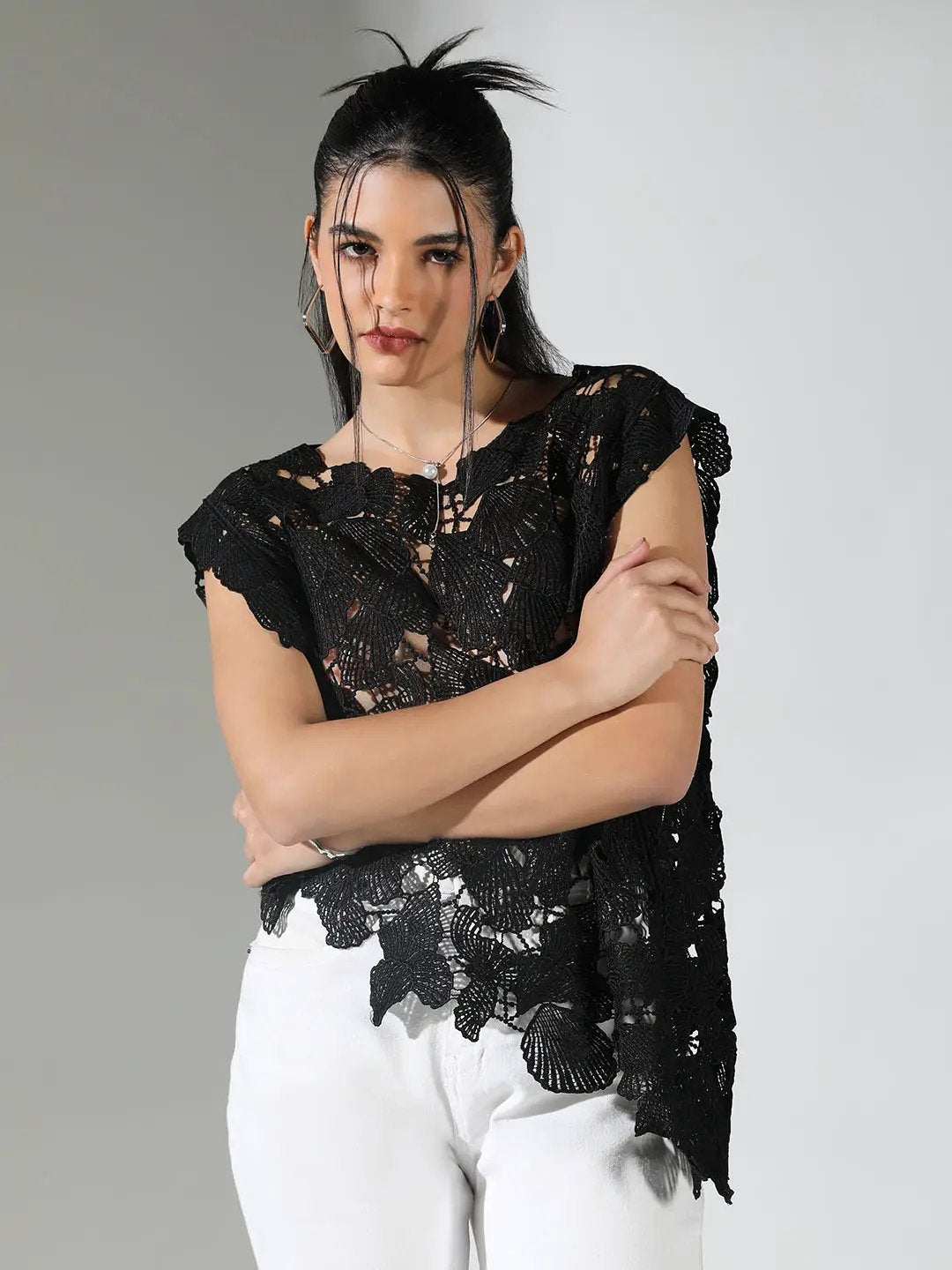 Women's Crochet Black Asymmetric Hem Top