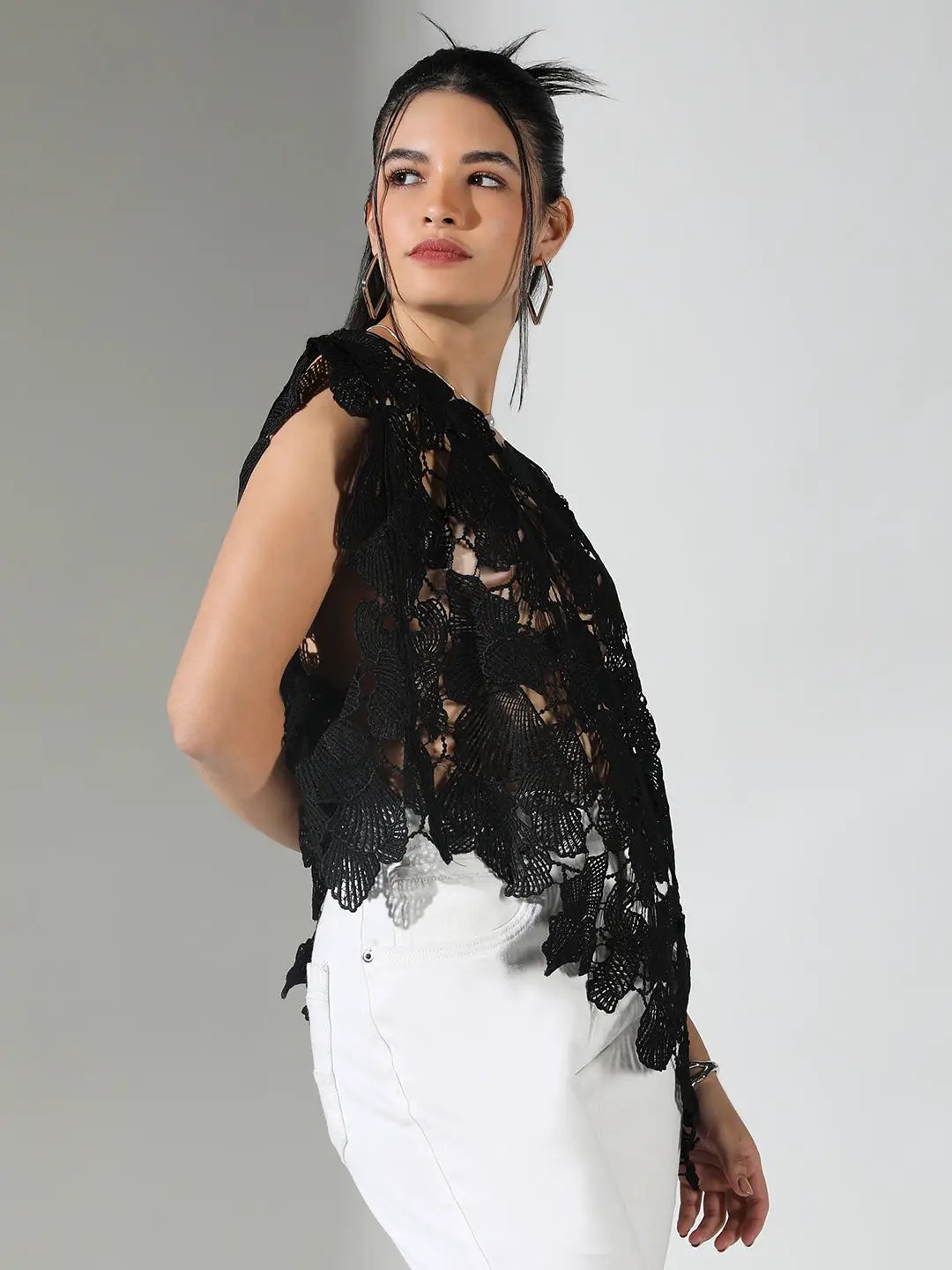 Women's Crochet Black Asymmetric Hem Top