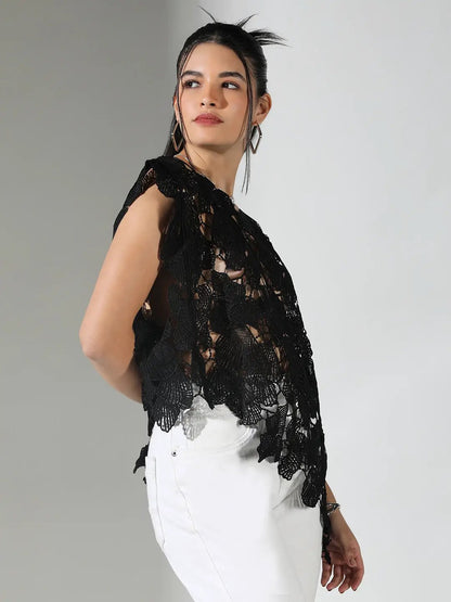 Women's Crochet Black Asymmetric Hem Top