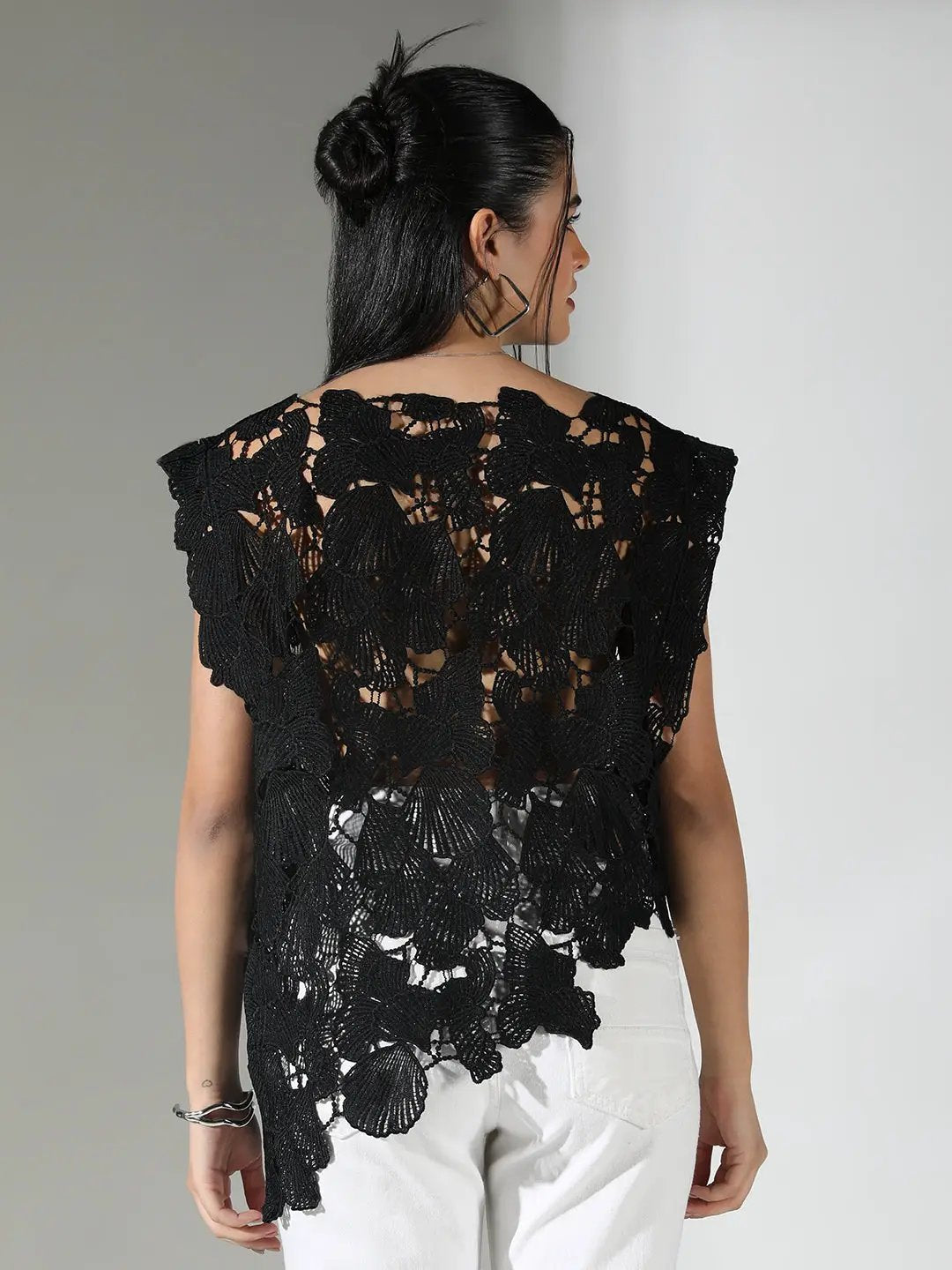 Women's Crochet Black Asymmetric Hem Top