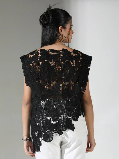Women's Crochet Black Asymmetric Hem Top