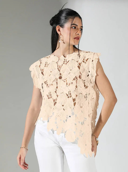 Women's Floral Cream Round Neck Crochet Top