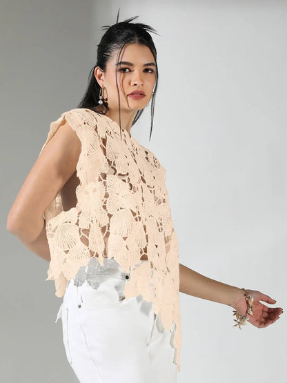 Women's Floral Cream Round Neck Crochet Top