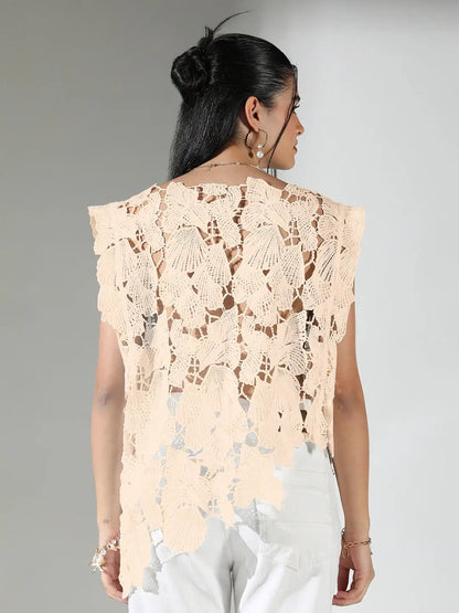Women's Floral Cream Round Neck Crochet Top