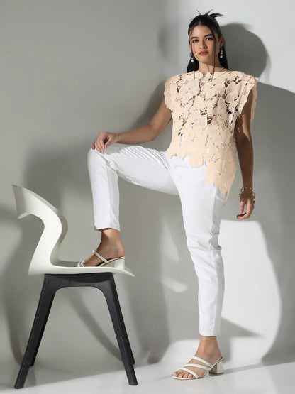 Women's Floral Cream Round Neck Crochet Top