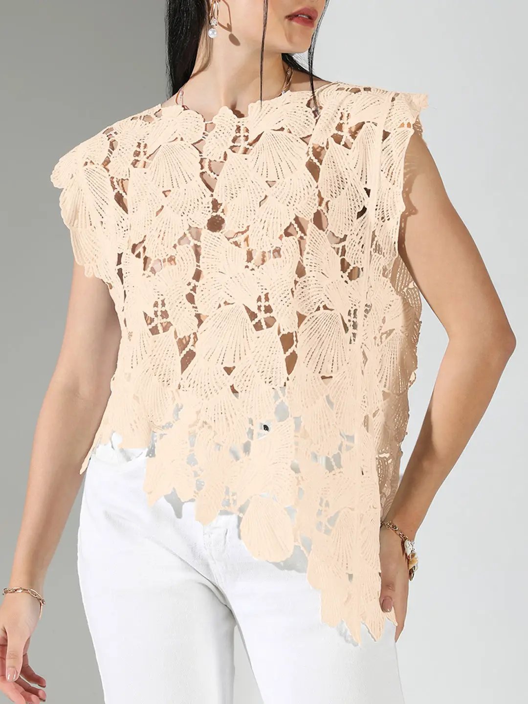Women's Floral Cream Round Neck Crochet Top