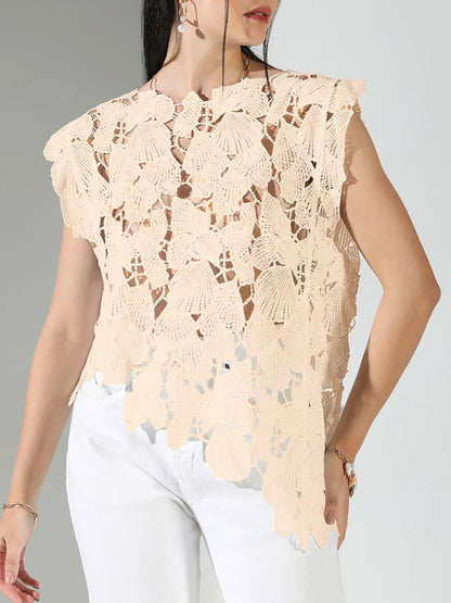 Women's Floral Cream Round Neck Crochet Top