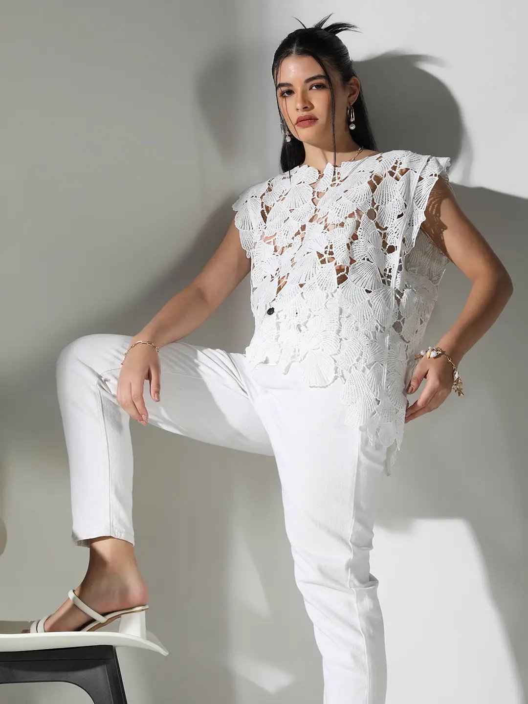 Women's Crochet White Asymmetric Hem Top