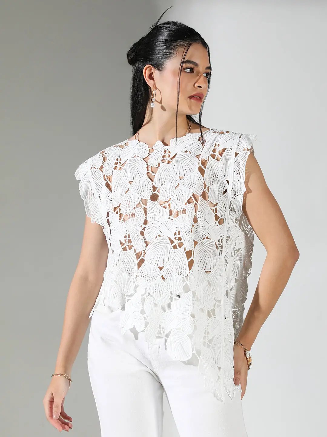 Women's Crochet White Asymmetric Hem Top