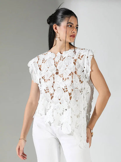 Women's Crochet White Asymmetric Hem Top