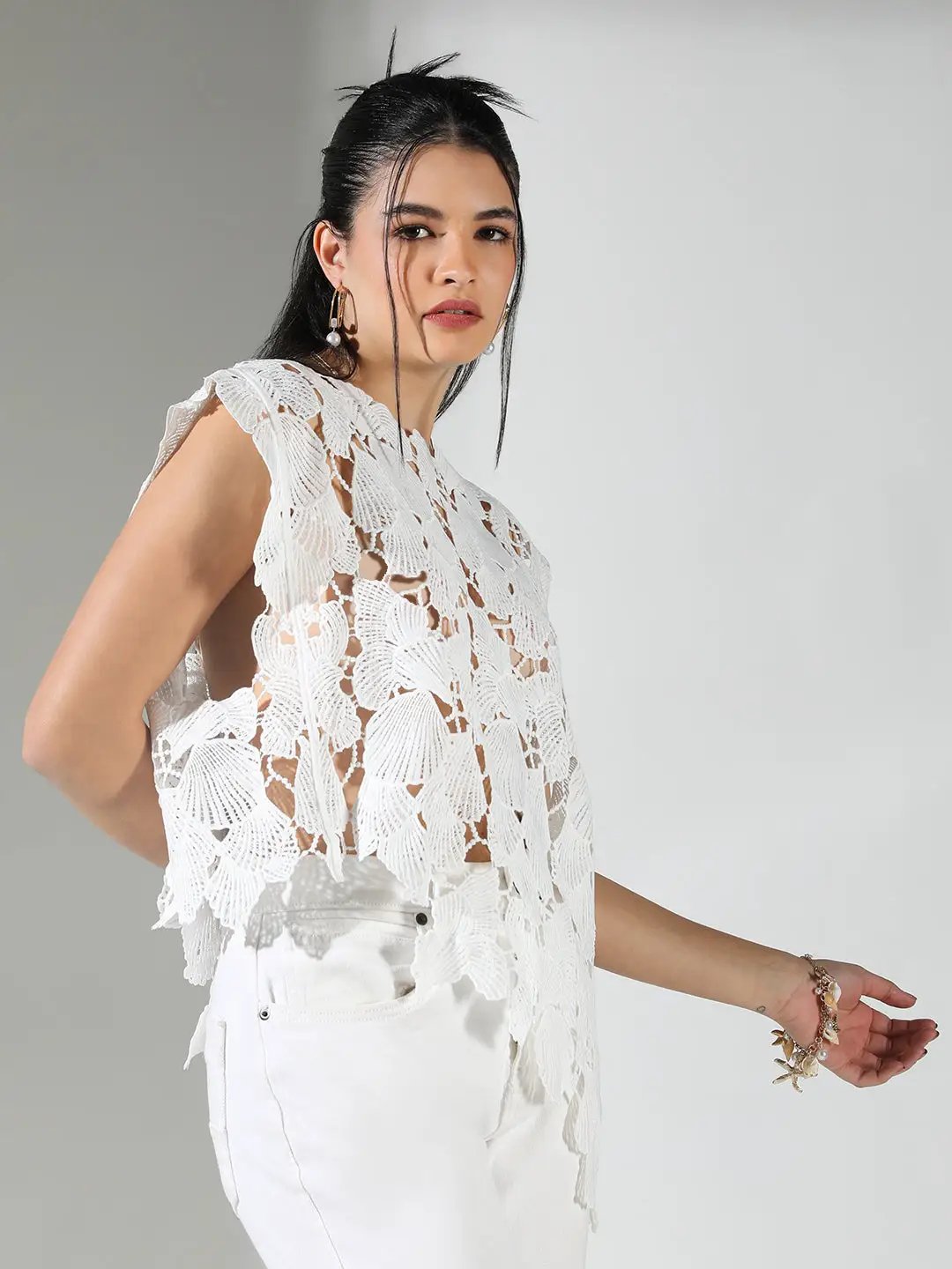 Women's Crochet White Asymmetric Hem Top